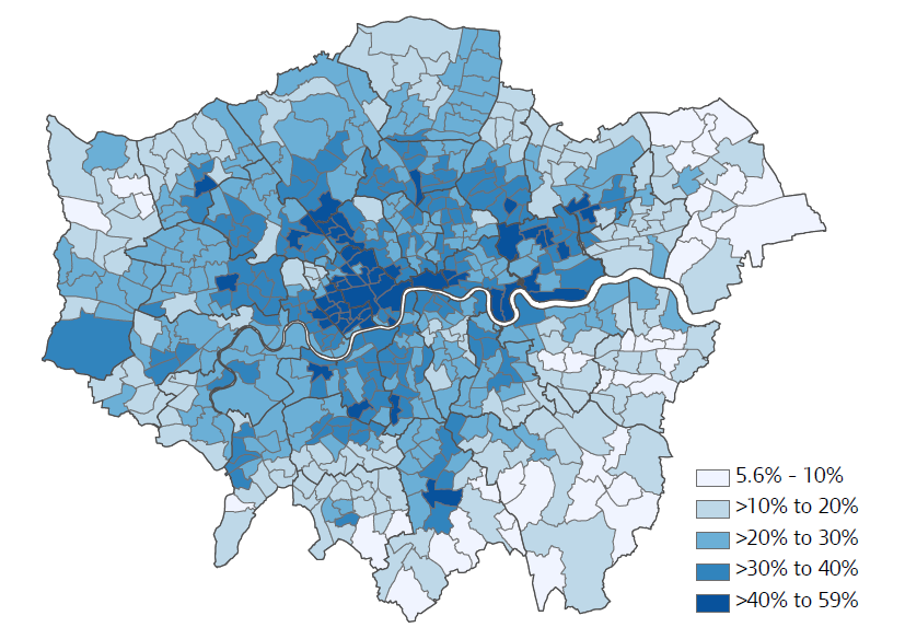 Private tenants as proportion of all households in London by ward, 2011